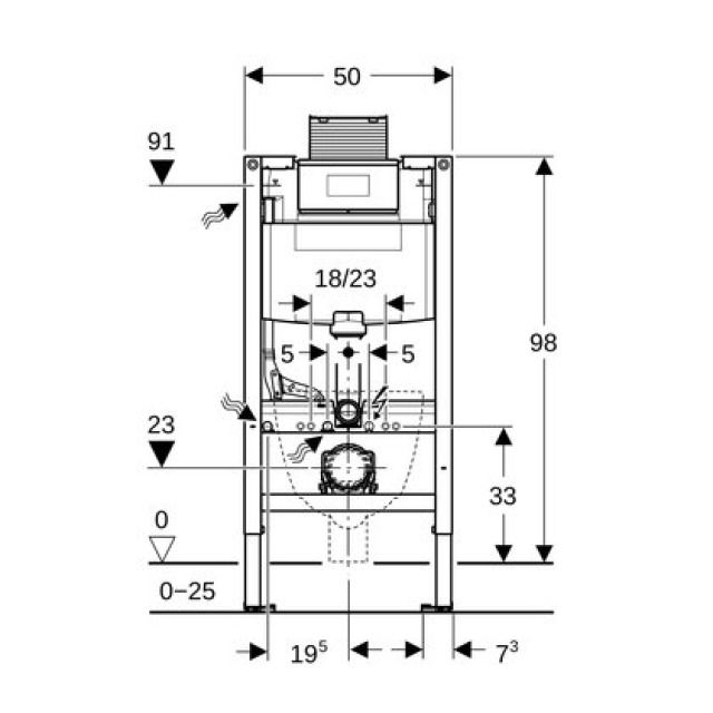 Elemento Geberit Duofix WC sospeso
Omega, Altezza 98cm, Larghezza 54cm
Cassetta di risciacquo da incasso
azionamento dall_alto o frontale
Valvola regolazione 1/2" laterale
o dietro a sx, piedini regolabili - Telaio di montaggio, Tubo isolante
per tubo di alimentazione acqua
Geberit AquaClean
Sporgenza ma...