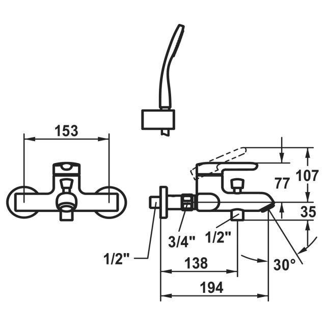 KWC Bademischer Wamas 2.0
A 195 mm, Abstellverschrau-
bungen 1/2" x 3/4", mit AD153
Brause, Brauseschlauch und Halter
chromeline