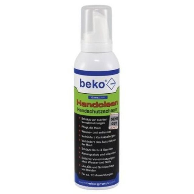 Beko Handschutzschaum
Handclean, 200 ml
Entfernt Verschmutzungen ohne
Wasser und Seife, schützt vor
starken Verschmutzungen