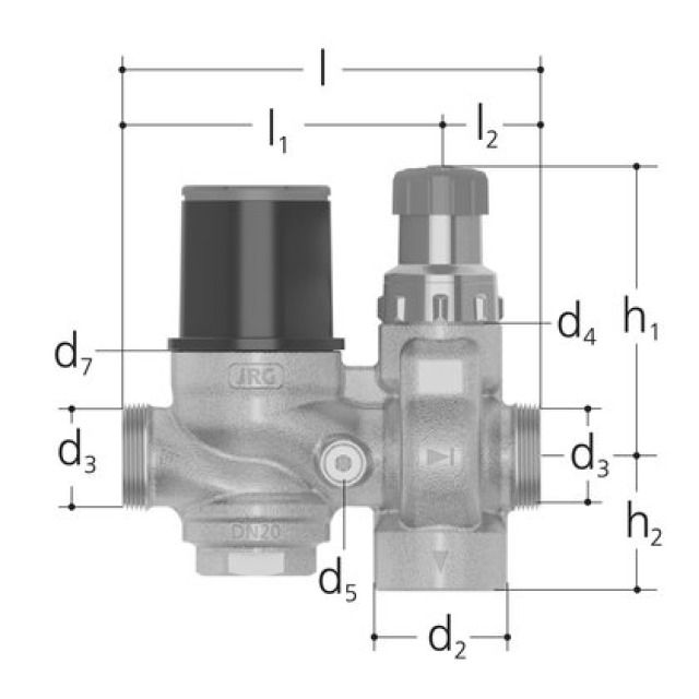 JUNIOR Sicherheitsgruppe
DN20, O. Verschraubungen G1"
DRV Werkseinstellung 4 bar
Sicherheitsv. Werkseinstell. 6 bar
Rotguss