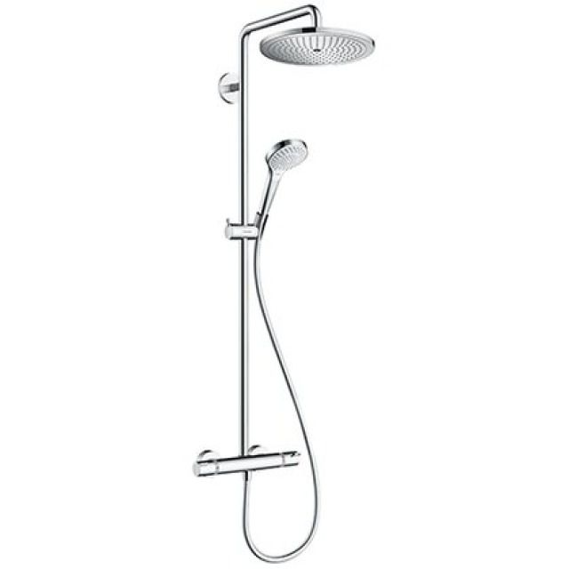 Hansgrohe Showerpipe Tica
mit Thermostat Ecostat Comfort
Kopfbrause Croma Air Ø 280 mm
mit 1 Jet RainAir
Kopfbrause mit Kugelgelenk
Brausearmlänge 390 mm - Strahlart Handbrause:
Softrain, IntenseRain, Massage