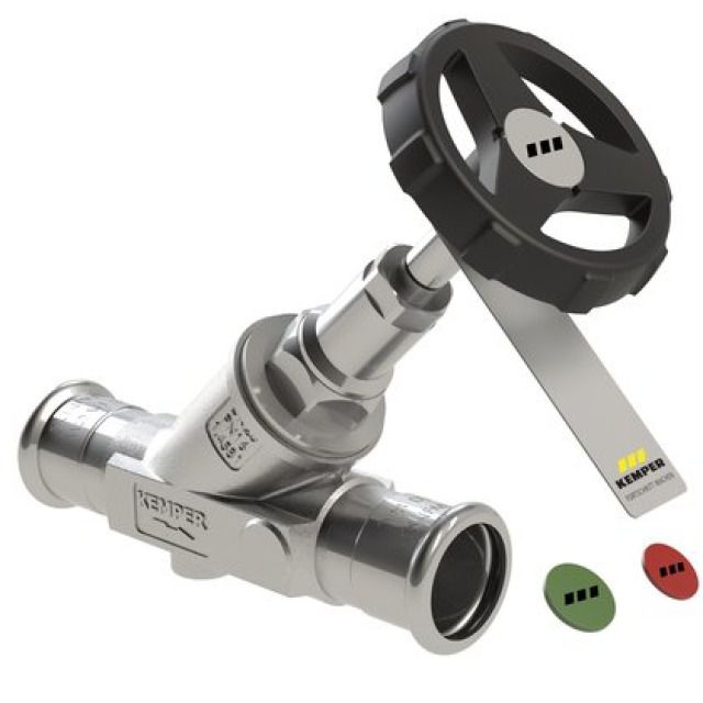 KEMPER NIRO Freistrom-
Absperrventil mit Mapress
Pressanschlüssen 35 mm
PN 16, max. 110° C
mediumberührte Metallteile aus
Edelstahl