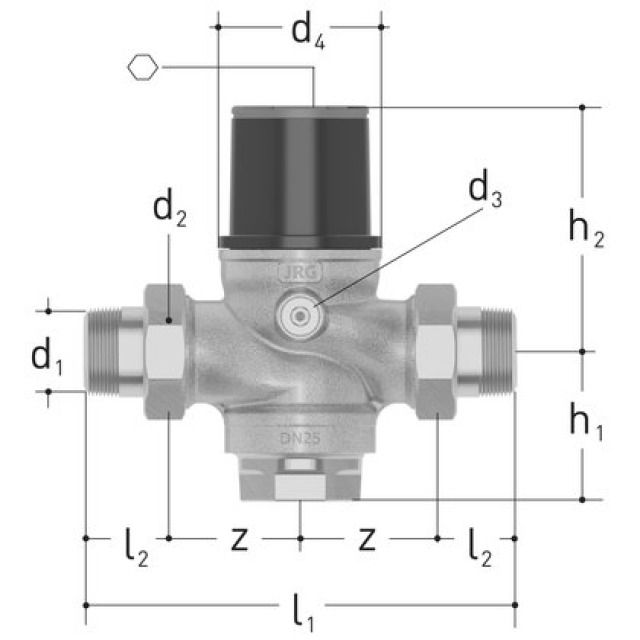 JRGURED Druckreduzierventil
DN15, Verschraubungen R1/2"
mit RG-Filterbecher
Werkseinstellung 2 bar
Rotguss