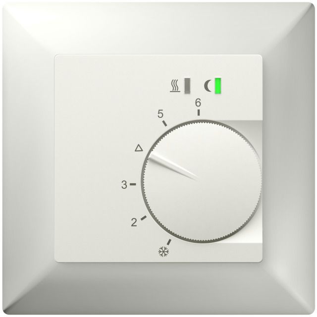 UP-Raumregler, RAL9010 matt
55x55, 5-30C, AC 230V,
Triac-Ausgang,
Schaltbar 5 Stellantriebe a 3W,
Change-Over-Eingang, TA 3,5K, LED
Anzeigen, Abdeckrahmen CH, - grösserer Tragring