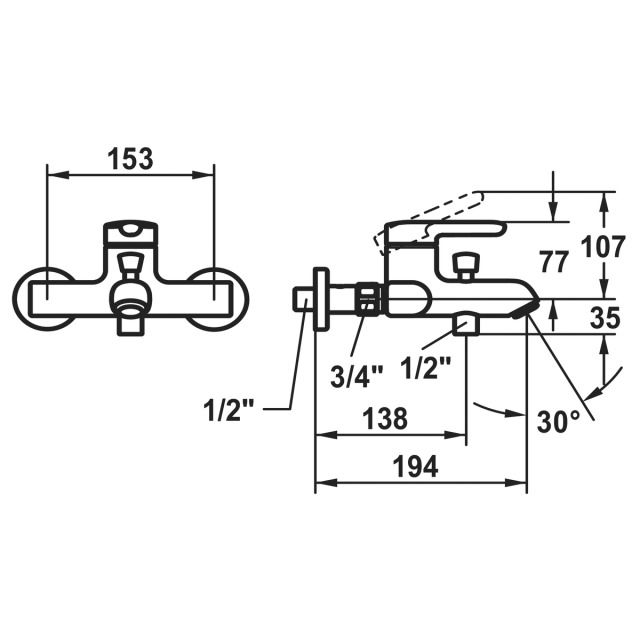 KWC Bademischer Wamas 2.0
AD 153 mm, Abstellverschrau-
bungen 1/2" x 3/4", ohne
Brause, Brauseschlauch und
Halter, chromeline