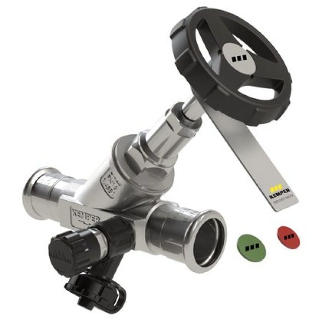 KEMPER NIRO Freistrom-
Absperrventil mit Mapress
Pressanschlüssen 15 mm
PN 16, max. 110° C
mit Entleerventil
mediumberührte Metallteile aus - Edelstahl