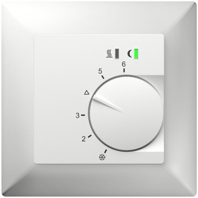 UP-Raumregler, RAL9016 glänzend
55x55, 5-30C, AC 230V,
Triac-Ausgang,
Schaltbar 5 Stellantriebe a 3W,
Change-Over-Eingang, TA 3,5K, LED
Anzeigen, Abdeckrahmen CH, - grösserer Tragring