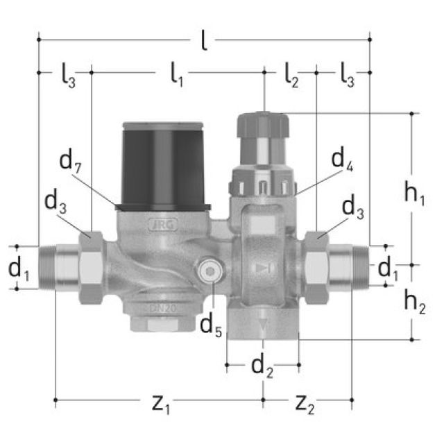 JUNIOR Sicherheitsgruppe
DN20, mit Verschraubungen R3/4"
DRV Werkseinstellung 4 bar
Sicherheitsv. Werkseinstell. 6 bar
Rotguss