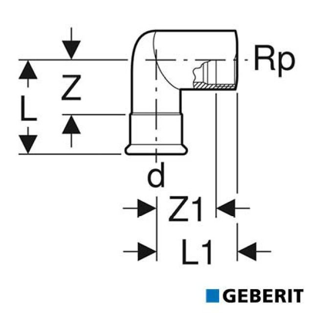Geberit Mapress Therm
Übergangswinkel 90° mit
Innengewinde: d=28mm, Rp=1/2"